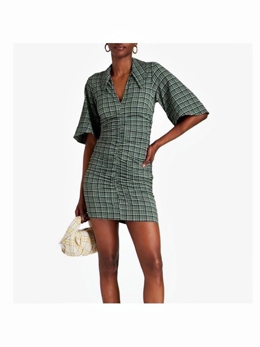 GANNI Seersucker Check V-Neck Mini Dress